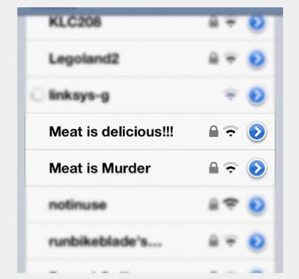 Eine Liste von WLAN-Netzwerken, darunter „Meat is delicious!!!“ und „Meat is Murder“.