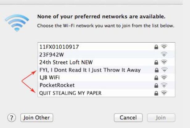 Ein Fenster mit einer Liste von verfügbaren WLAN-Netzwerken, darunter einige mit ungewöhnlichen Namen.