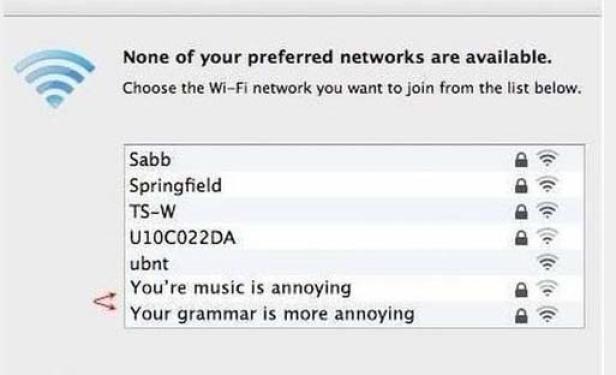 Ein Fenster mit einer Liste von verfügbaren WLAN-Netzwerken, darunter „You're music is annoying“ und „Your grammar is more annoying“.