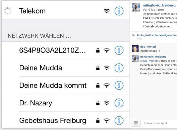 Ein Screenshot der verfügbaren WLAN-Netzwerke, darunter „Deine Mudda“ und „Gebetshaus Freiburg“.