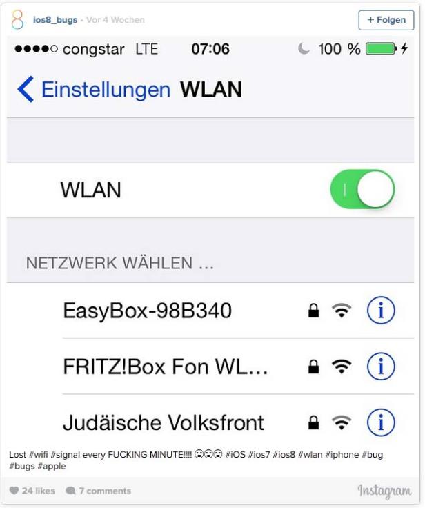 Ein iPhone-Screenshot zeigt die WLAN-Einstellungen mit einer Liste verfügbarer Netzwerke, darunter „Judäische Volksfront“.