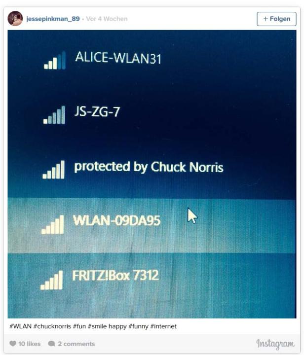 Ein Screenshot einer Liste von WLAN-Netzwerken, darunter eines mit dem Namen „protected by Chuck Norris“.