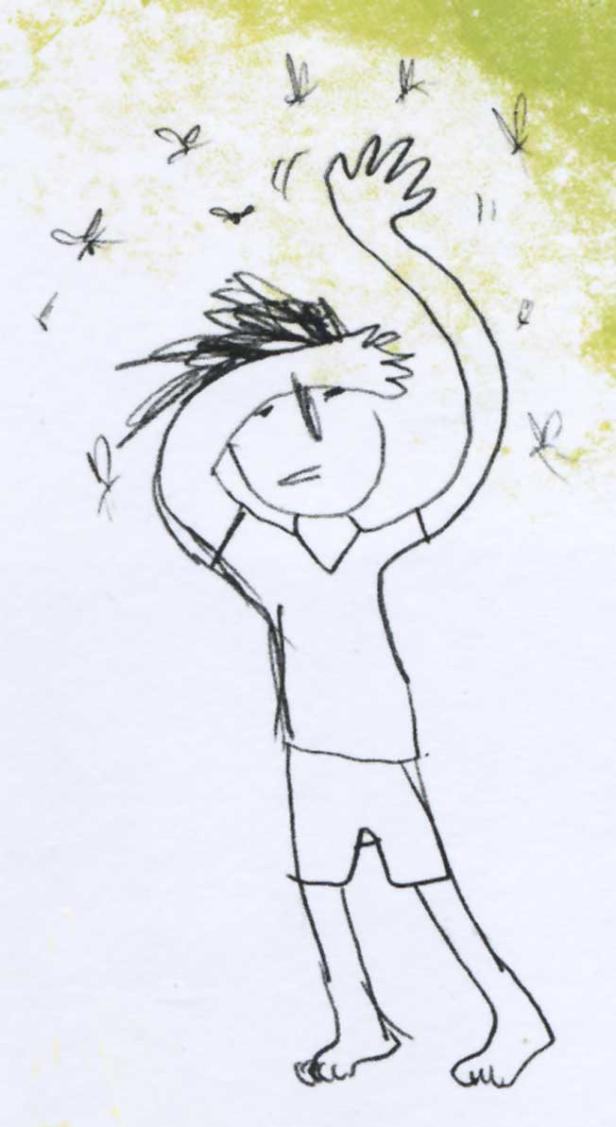 Eine gezeichnete Person wehrt Fliegen ab.