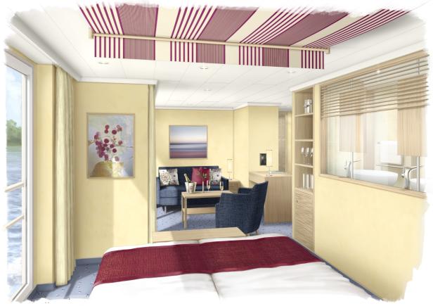 Innenansicht einer Kabine mit Schlafbereich, Sitzecke und Bad auf einem Flusskreuzfahrtschiff.