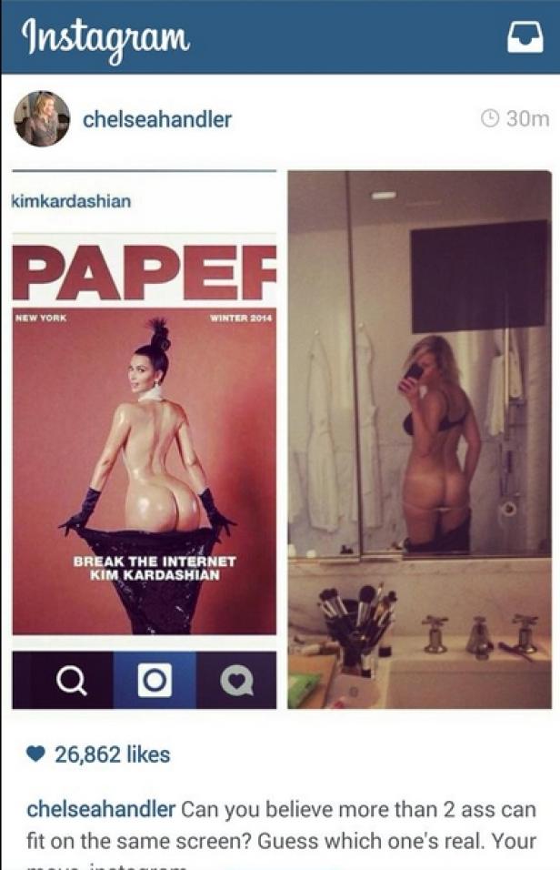 Ein Instagram-Post von Chelsea Handler mit dem Cover des „Paper“-Magazins mit Kim Kardashian und einem Selfie im Badezimmer.