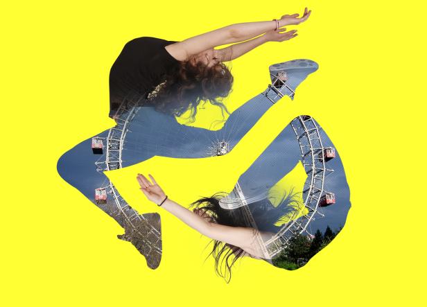 Eine Collage mit zwei Frauen in Bewegung, überlagert mit dem Wiener Riesenrad auf gelbem Hintergrund.