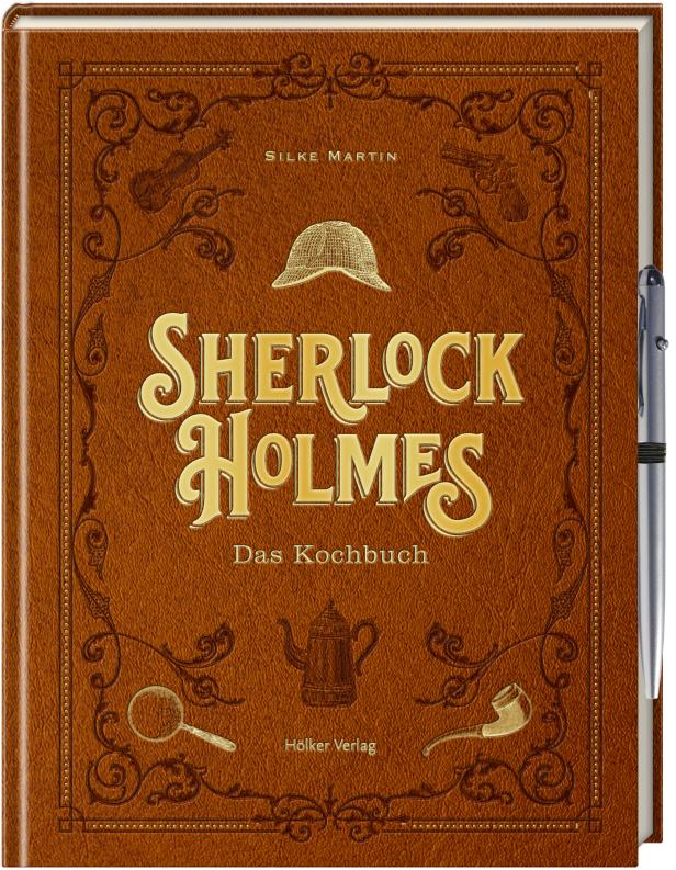 Das Cover des Kochbuchs „Sherlock Holmes“ mit Illustrationen von Pfeife, Lupe und Geige.