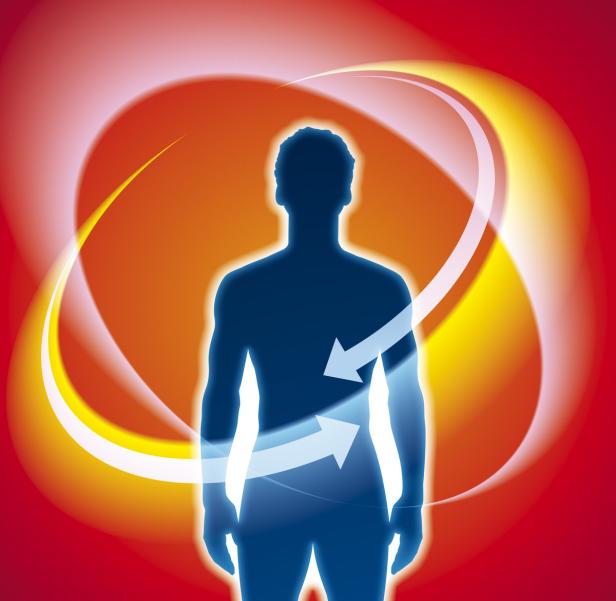 Die Silhouette eines Mannes mit Pfeilen, die auf die Körpermitte zeigen, vor einem roten Hintergrund.