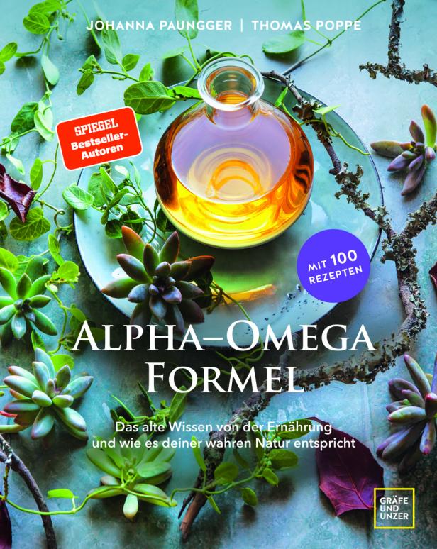 Das Cover des Buches „Alpha-Omega-Formel“ von Johanna Paungger und Thomas Poppe mit einer Flasche Öl.