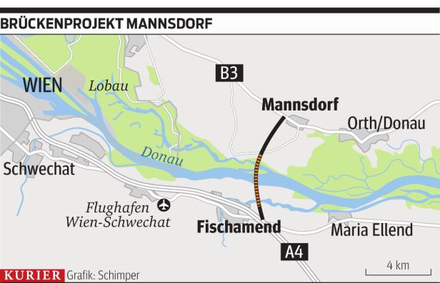 … Eine Karte des Brückenprojekts Mannsdorf über die Donau, zwischen Wien und Fischamend.