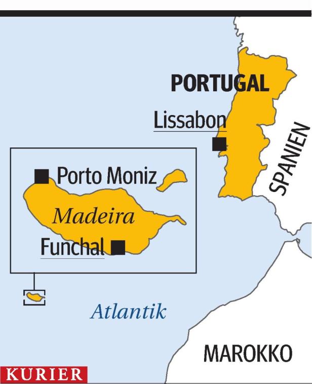 Eine Karte von Portugal, Spanien, Marokko und der Insel Madeira im Atlantik.