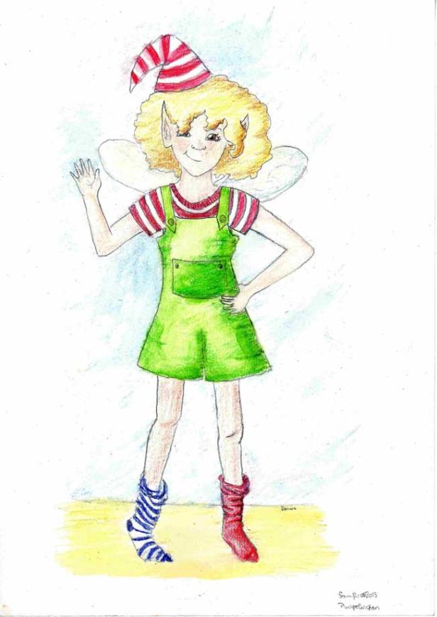 Eine gezeichnete Elfe mit blonden Locken, grünem Kleid und ungleichen Socken winkt.