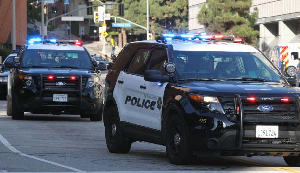Mehrere Streifenwagen der Polizei von Los Angeles stehen auf einer Straße.