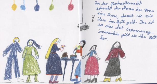 Eine Kinderzeichnung zeigt eine Hochzeitsszene mit Brautpaar und Gästen, begleitet von einem handgeschriebenen Text.