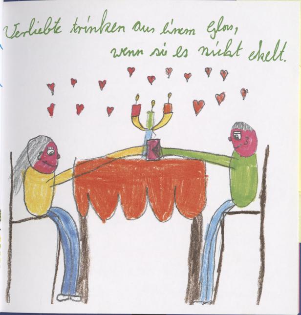 Eine Kinderzeichnung zeigt ein Paar, das an einem Tisch sitzt, mit Herzen und Kerzen darüber.