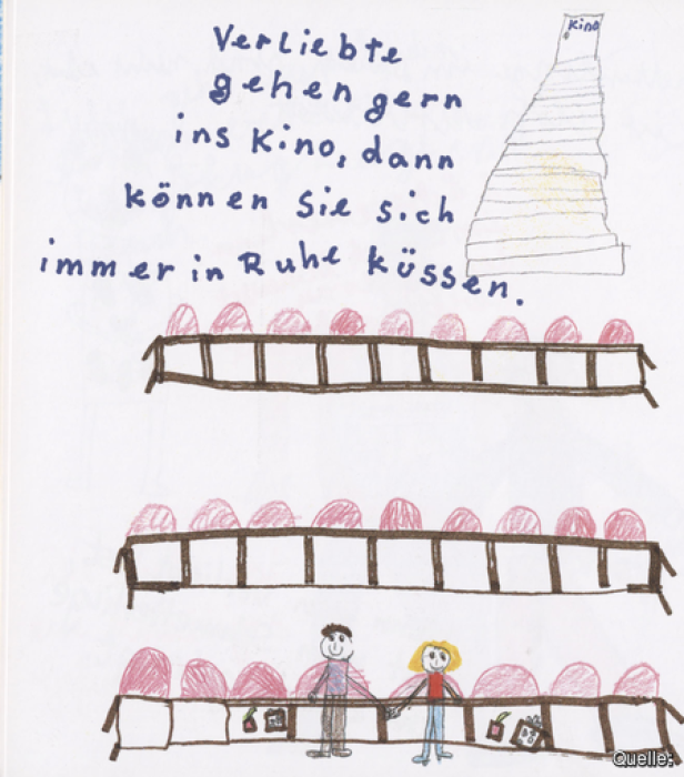Eine Kinderzeichnung zeigt ein verliebtes Paar im Kino.