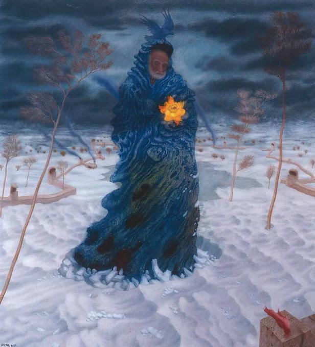 Ein Mann in einem blauen Gewand hält eine leuchtende Blume in einer verschneiten Landschaft.