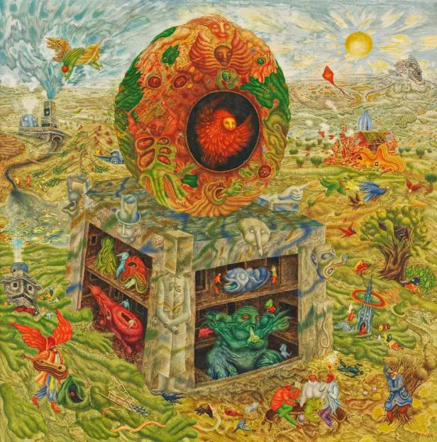 Ein surreales Gemälde mit einer bunten Kugel auf einem Steinsockel in einer fantastischen Landschaft.