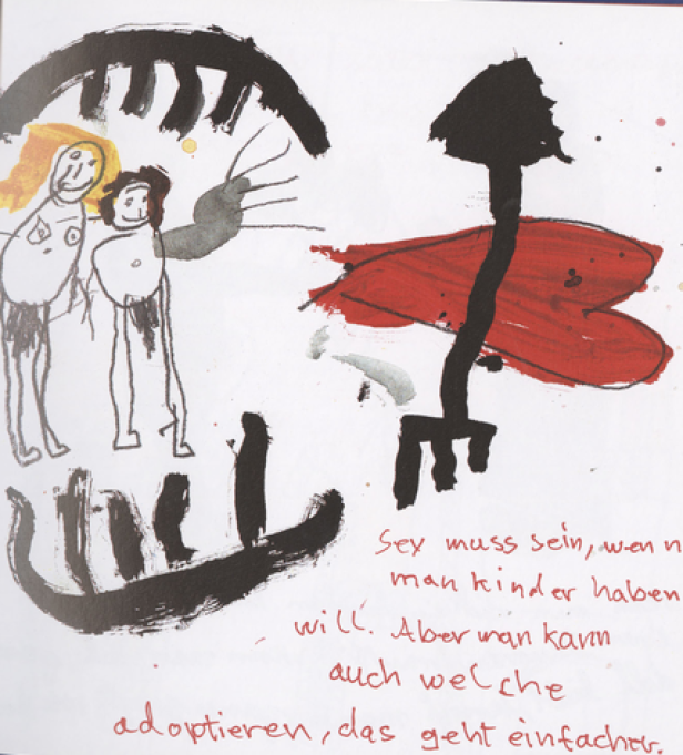 Eine kindliche Zeichnung mit Figuren, einem Baum und einem handgeschriebenen Text über Sex und Adoption.