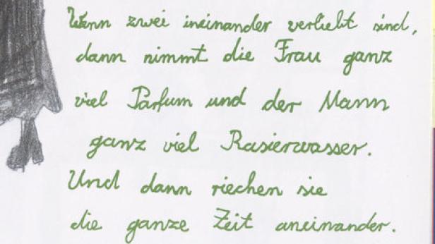 Ein handgeschriebener Text in grüner Tinte über die Liebe und Düfte.