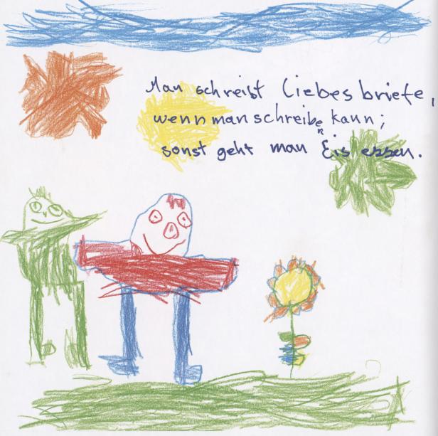 Ein Kinderbild mit einer handgeschriebenen Zeile: „Man schreibt Liebesbriefe, wenn man schreiben kann; sonst geht man Eis essen.“.