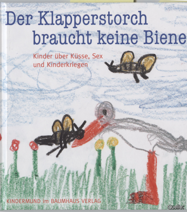 Das Cover des Buches „Der Klapperstorch braucht keine Biene“ mit einer kindlichen Zeichnung eines Storchs und Bienen.