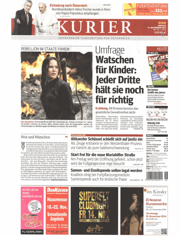 Titelseite des Kurier vom 14. November 2014 mit Jennifer Lawrence als Katniss Everdeen.