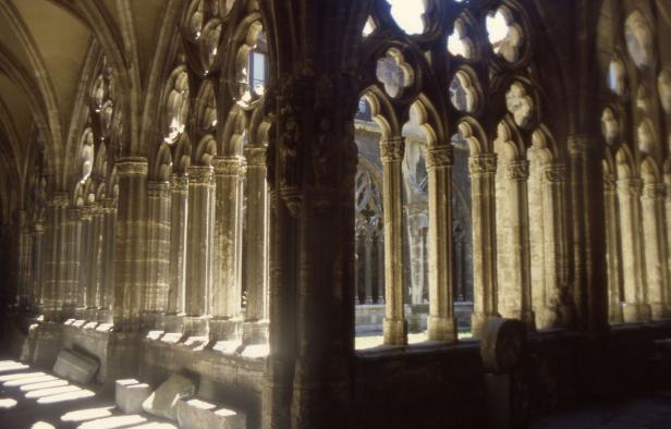 Ein Kreuzgang mit filigranen Säulen und gotischen Bögen im warmen Licht.