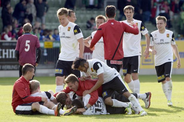 Fußballspieler feiern einen Sieg auf dem Rasen.