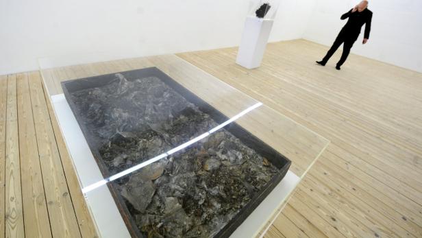 Ein Mann betrachtet eine Installation aus Asche in einer Kunstgalerie.