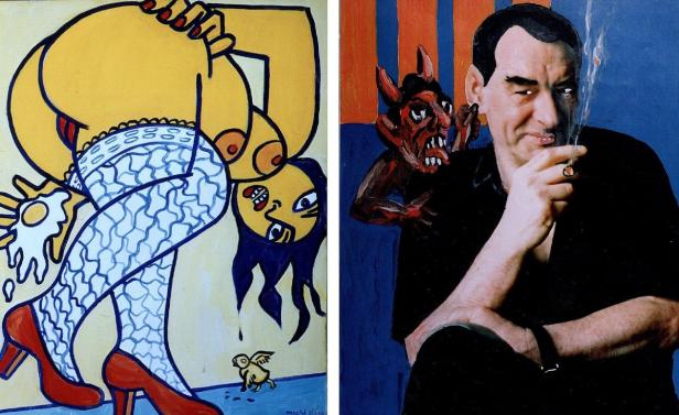 Zwei Gemälde: eines zeigt eine Frau in Strapsen, das andere einen Mann mit einem Dämon.