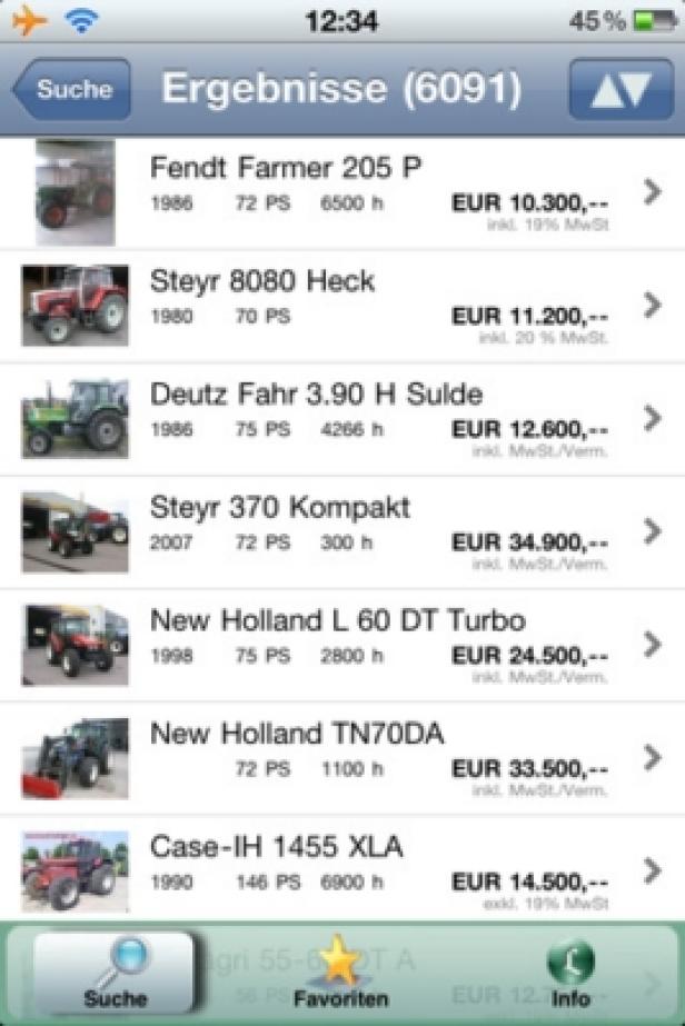 Ein Screenshot einer Suchergebnisliste für Traktoren auf einem iPhone.