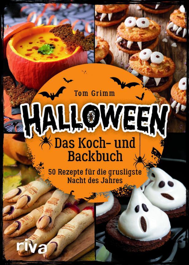 Das Cover des Buches „Halloween: Das Koch- und Backbuch“ von Tom Grimm mit Rezepten für Halloween-Gerichte.