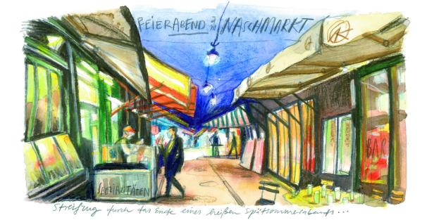 Eine Aquarellzeichnung des Wiener Naschmarkts am Abend.