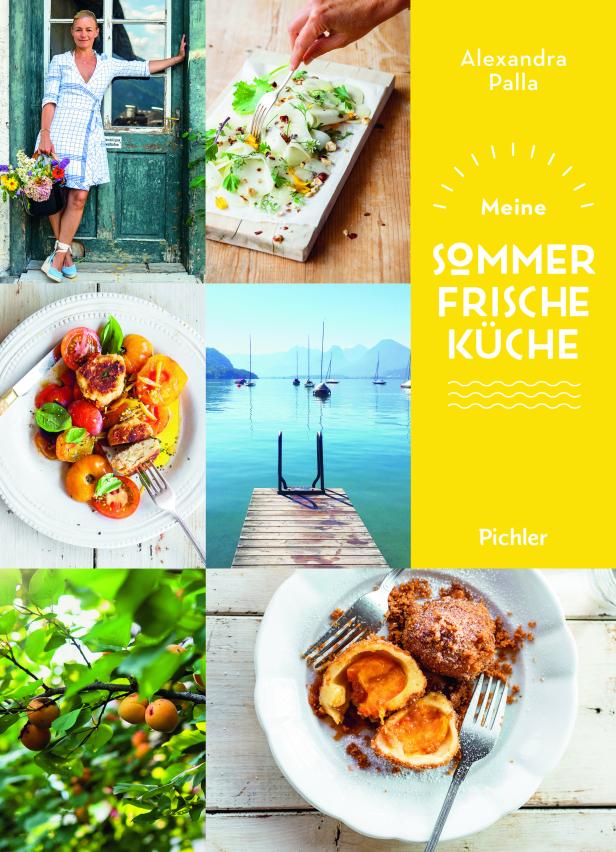 Das Cover des Buches „Meine Sommerfrische Küche“ von Alexandra Palla mit verschiedenen Speisen und einer Frau.