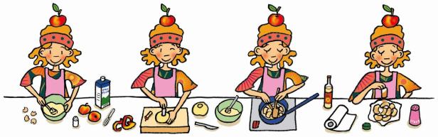 Eine Illustration, die die Zubereitung von Apfelküchle durch ein Mädchen mit einem Apfel auf dem Kopf zeigt.