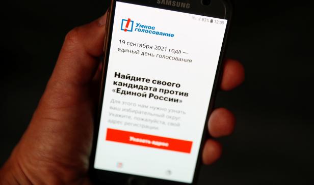FILE PHOTO: The Russian opposition politician Alexei Navalny's Smart Voting app is seen on a phone, in Moscow