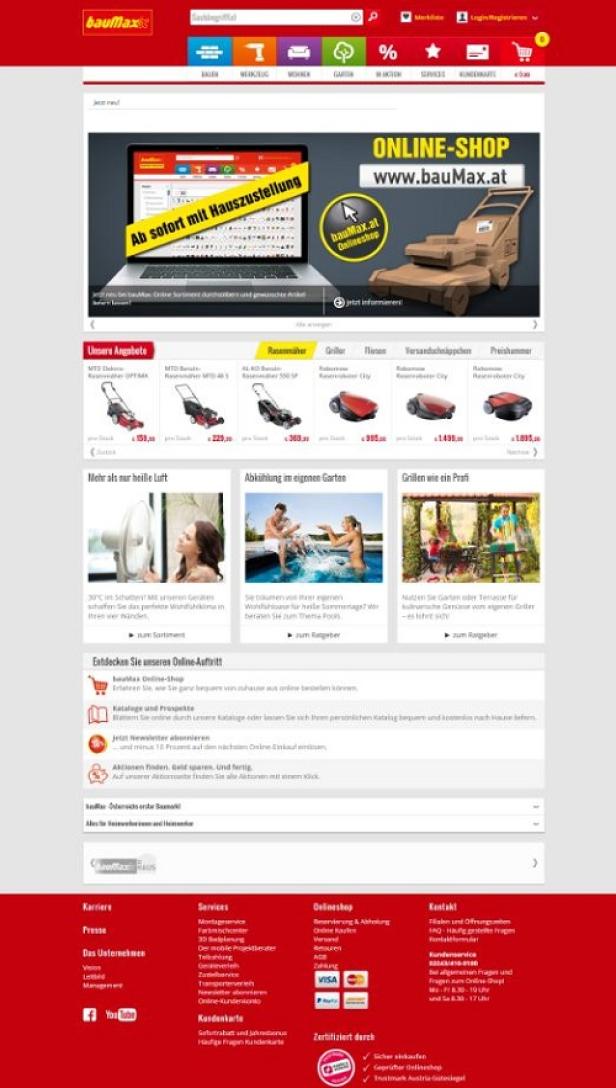 Die Webseite von BauMax mit Werbung für den Online-Shop und verschiedene Produkte.