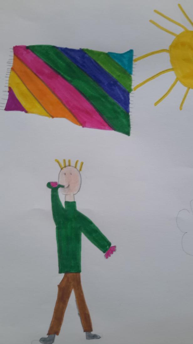 Eine Kinderzeichnung zeigt eine Person, eine Sonne und einen Regenbogen.