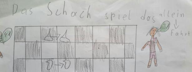 Eine Kinderzeichnung zeigt ein Schachbrett mit Figuren und eine Person, die einen Zug ankündigt.