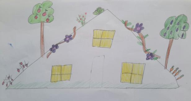 Eine Kinderzeichnung zeigt ein Haus mit Bäumen, Blumen und Gemüse drumherum.