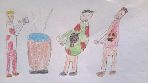 Eine Kinderzeichnung zeigt drei Figuren und einen Topf mit blauem Inhalt.