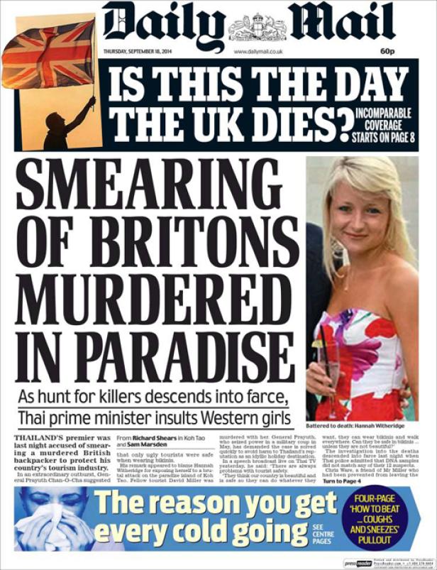 Titelseite der Daily Mail vom 18. September 2014 mit der Schlagzeile über den Mord an Briten in Thailand.
