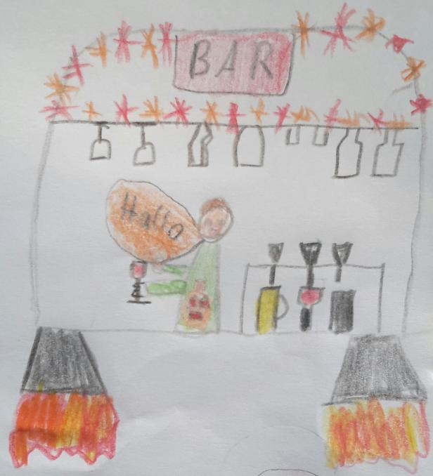 Eine Kinderzeichnung zeigt eine Bar mit einem Mann, der „Hallo“ sagt.
