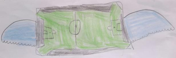 Ein gezeichnetes Fußballfeld mit blauen Flügeln an den Seiten.