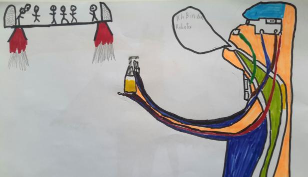 Ein gezeichneter Roboter hält eine Flasche in der Hand und sagt: „Ich bin ein Roboter“. Im Hintergrund eine Brücke mit Figuren.