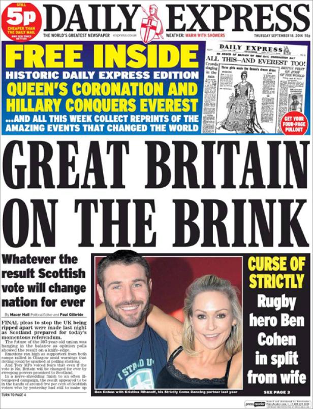 Titelseite des Daily Express vom 18. September 2014 mit Schlagzeilen über Schottland und Ben Cohen.