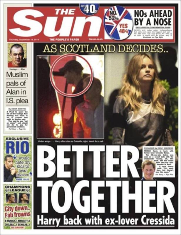 Titelseite der „The Sun“ vom 18. September 2014 mit einer Schlagzeile über Prinz Harry und Cressida Bonas.