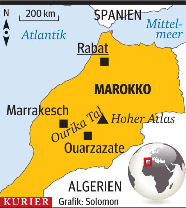 Eine Karte von Marokko mit den Städten Rabat, Marrakesch und Ouarzazate.