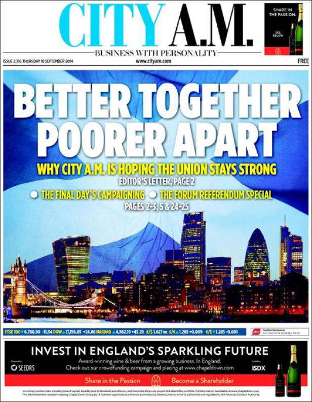 Die Titelseite von City A.M. mit der Skyline von London im Hintergrund.